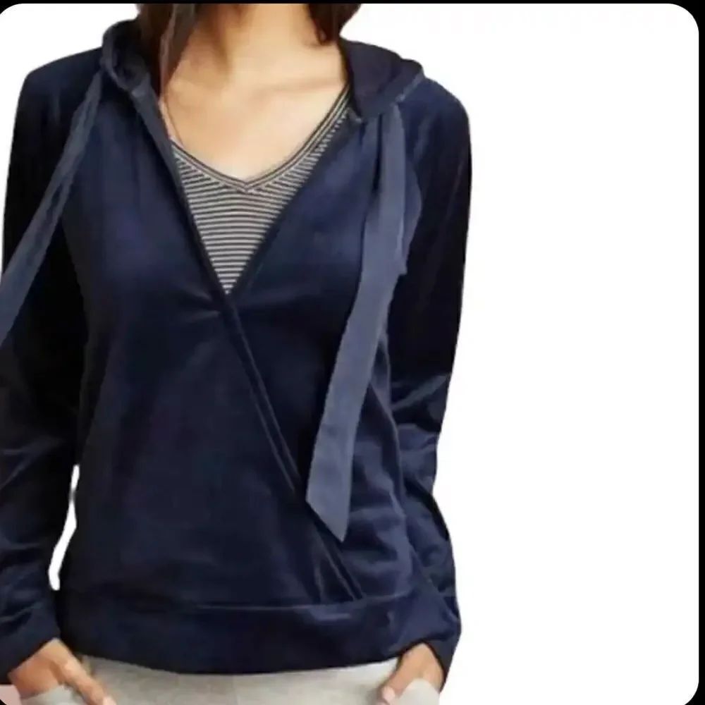 Anthropologie Saturday/Sunday Velour Hoodie Navy Wrap Satin Tie Top Size Small